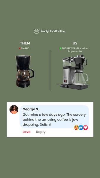 Simply Good Coffee ad: Programmable Plastic-Free Brewing!
