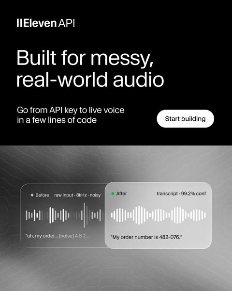 ElevenLabs ad: Handles Noise, Accents, Crosstalk