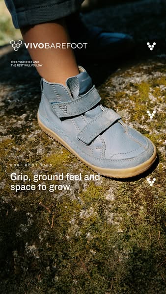 Vivobarefoot ad: Grip, ground feel and space to grow.
