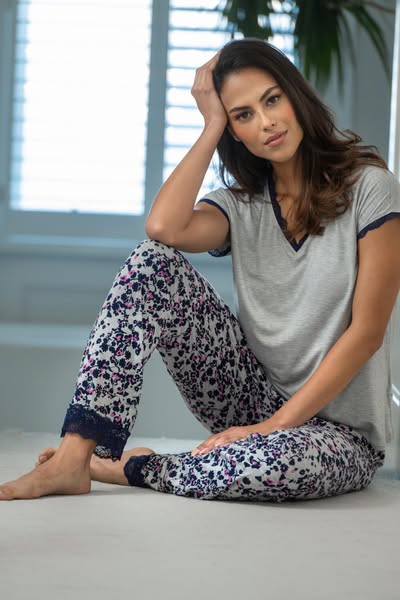 Pour Moi ad: Sofa Loves Lace T-Shirt and Trouser Pyjama Set Grey/Navy/Pink