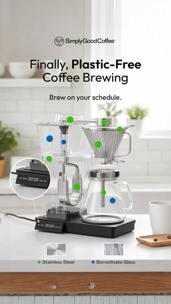 Simply Good Coffee ad: Programmable Plastic-Free Brewing!