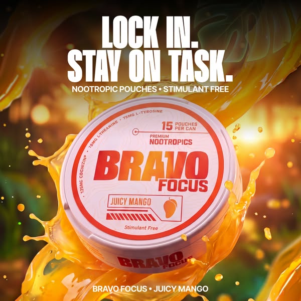 BRAVO Energy Pouches ad: Mango-Flavored Focus Without The Crash