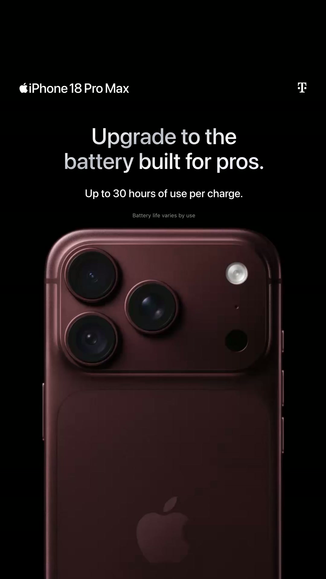 Apple ad: Upgrade to iPhone 18 Pro Max for long-lasting battery life.