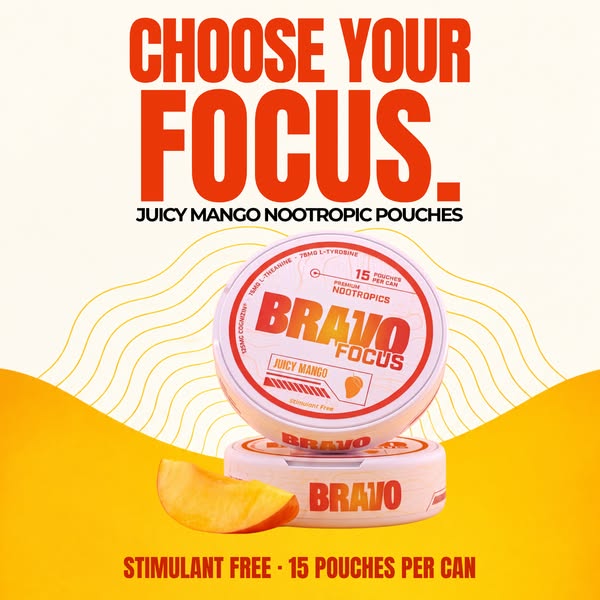 BRAVO Energy Pouches ad: Mango-Flavored Focus Without The Crash