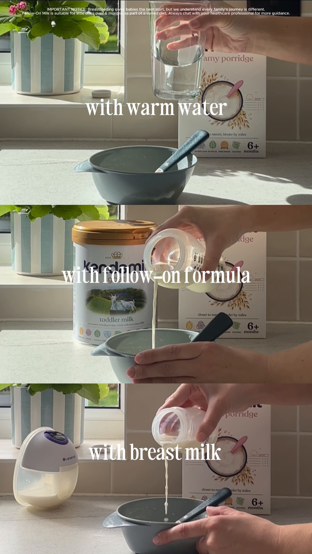 Kendamil ad: Did you know you can prepare our Kendamil creamy porridge with either boiled water, breastmilk or follow-on formula? A quick easy breakfast