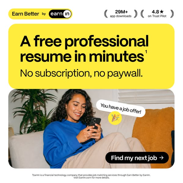 EarnIn ad: Get a free professional resume in minutes