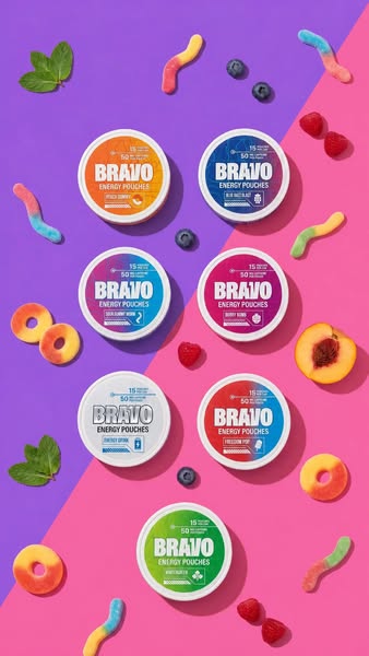 BRAVO Energy Pouches ad: 7 Flavors. 0g Sugar. Pick Yours.