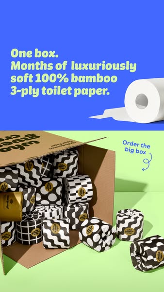 Who Gives A Crap ad: Eco-friendly toilet paper that doesn't cost a buttload. 🧻 100% recycled paper or bamboo sheets 🧻 Seriously soft, super looooong rolls 🧻 5