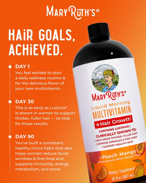 MaryRuth's ad: Say goodbye to those hair struggles and hello to thicker, fuller hair! 👀 Introducing MaryRuth’s New Liquid Morning Multivitamin with Lustri