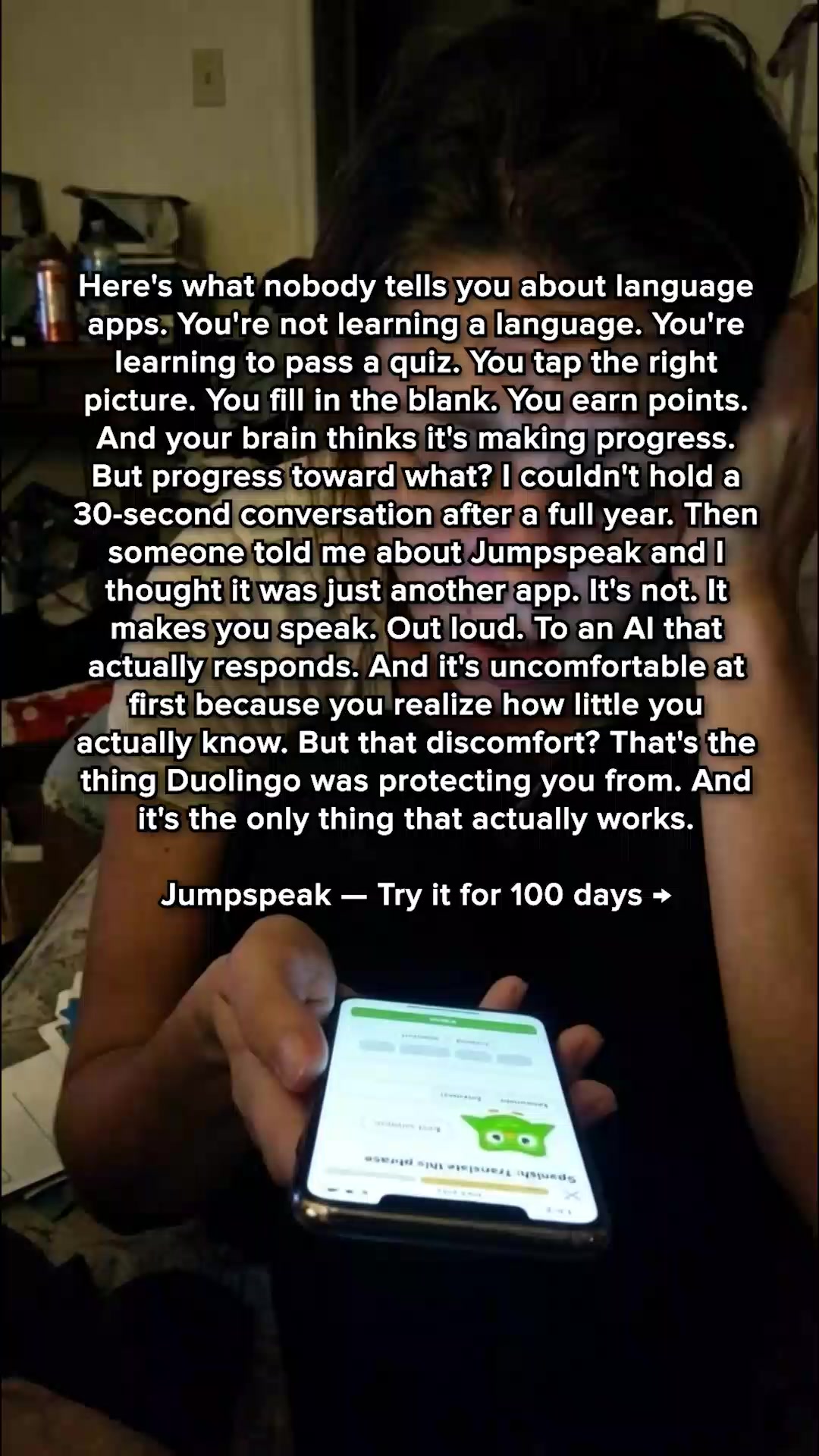 Jumpspeak ad: We're Looking For 20 Duolingo Users.