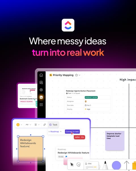 ClickUp ad: From ideas to execution.