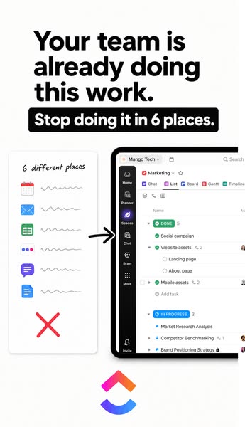ClickUp ad: Still managing work across 4 tools?