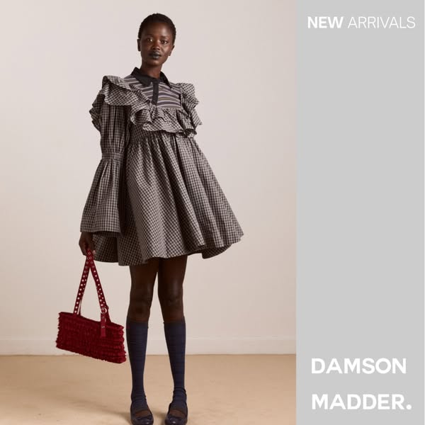 Damson Madder ad: Pheonix Ruffle Mini Dress - Navy Green Check