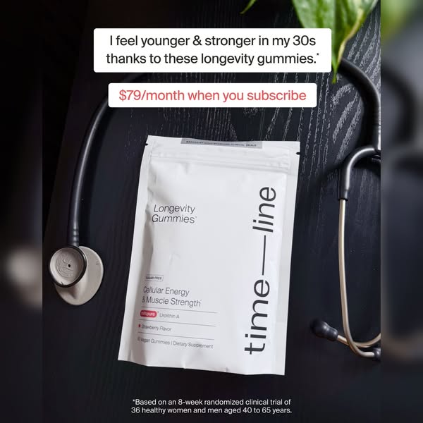 Timeline Longevity ad: The Only Clinically Proven Urolithin A Gummy