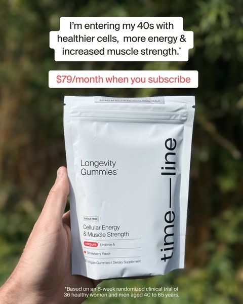 Timeline Longevity ad: The Only Clinically Proven Urolithin A Gummy